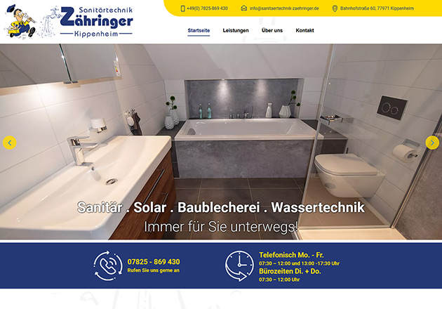 Sanitärtechnik Zähringer - individuell gestaltete Handwerker-Homepage mit CMS